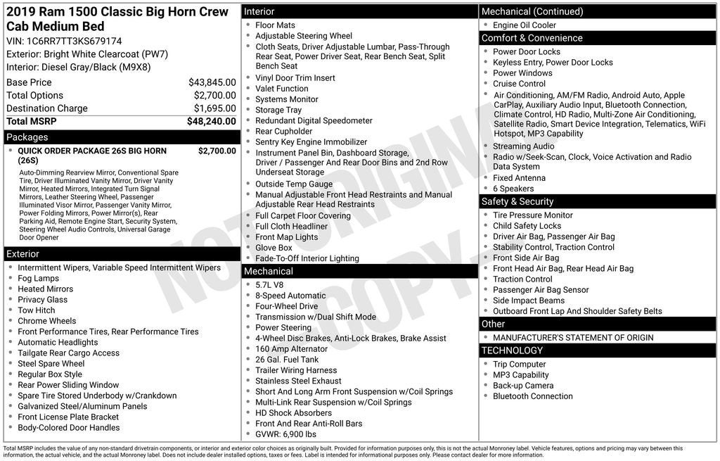 2019 RAM 1500 Classic Big Horn Crew Cab 4x4 6'4" Box