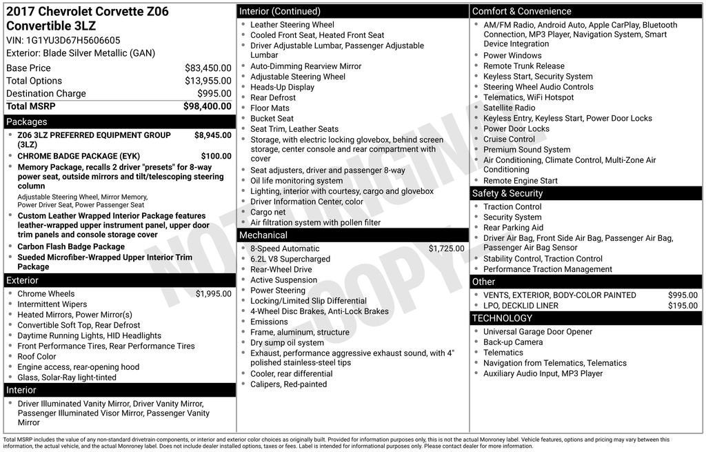 2017 Chevrolet Corvette Z06 Z06 3LZ