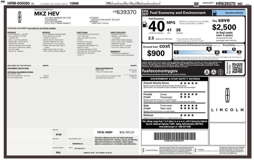 2017 Lincoln MKZ Hybrid Premiere