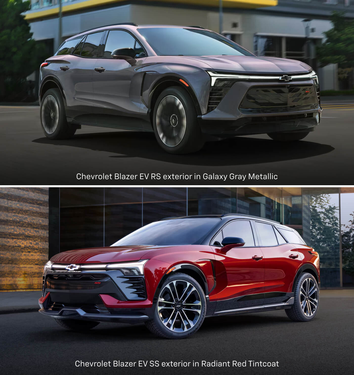 Top: Chevrolet Blazer EV RS exterior in Galaxy Gray Metallic / Bottom: Chevrolet Blazer EV SS exterior in Radiant Red Tintcoat