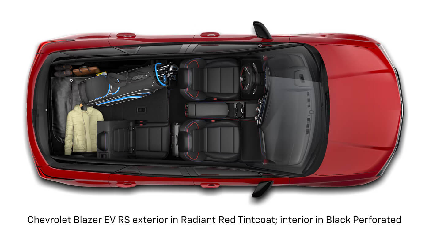 Chevrolet Blazer EV RS exterior in Radiant Red Tintcoat; interior in Black Perforated. (Car viewed from above looking down)