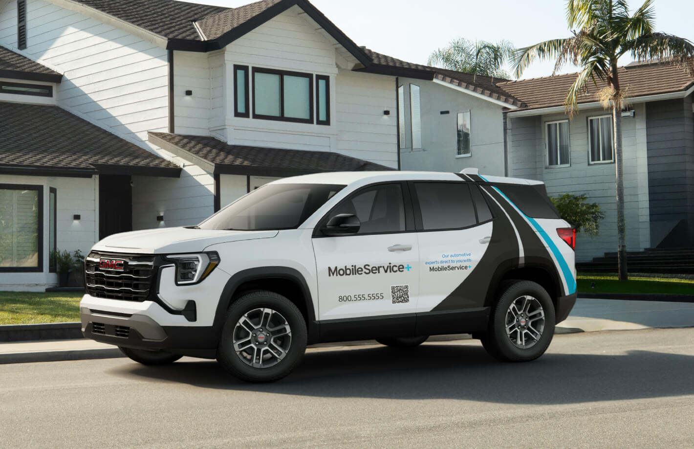 A GM Mobile Service Plus car parked in front of a suburban family home.