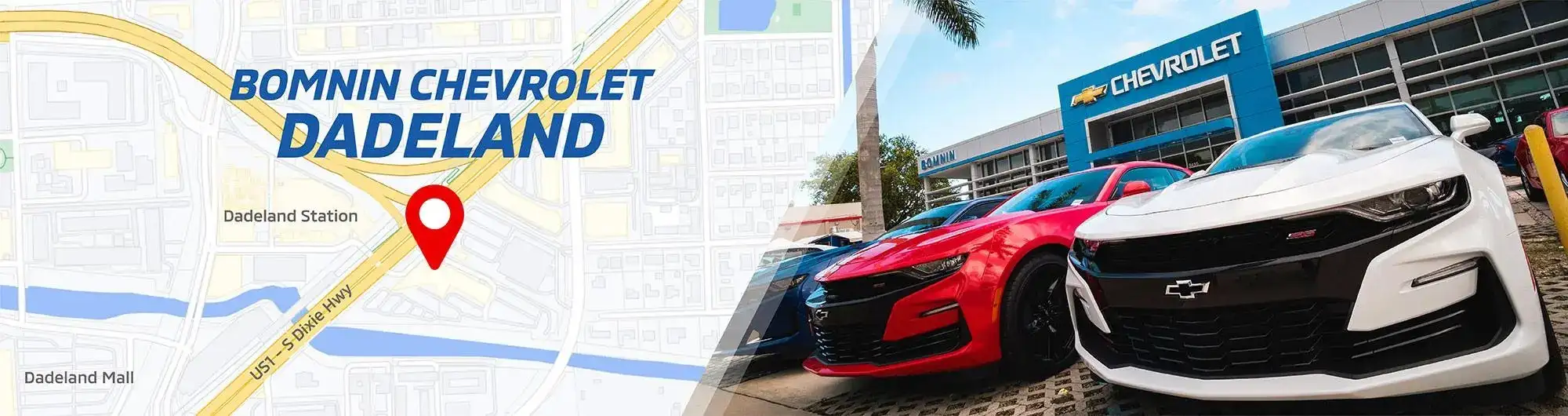 A map showing the location of Bomnin Chevrolet Dadeland in Miami FL and dealer building to the right